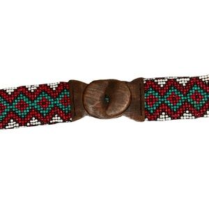 Vintage Wide Elastic Beaded Belt w/ Wood Clasp Stretch Boho Southwest Aztec